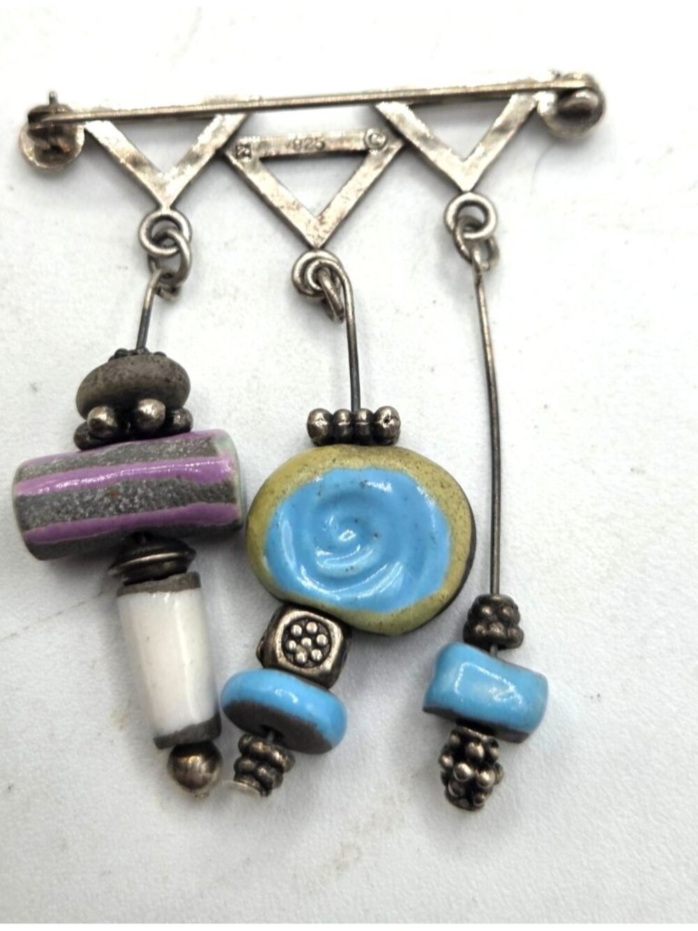 Vintage Sterling Silver 925 Brooch With Dangling Ceramic & Glass Beads Tribal-St